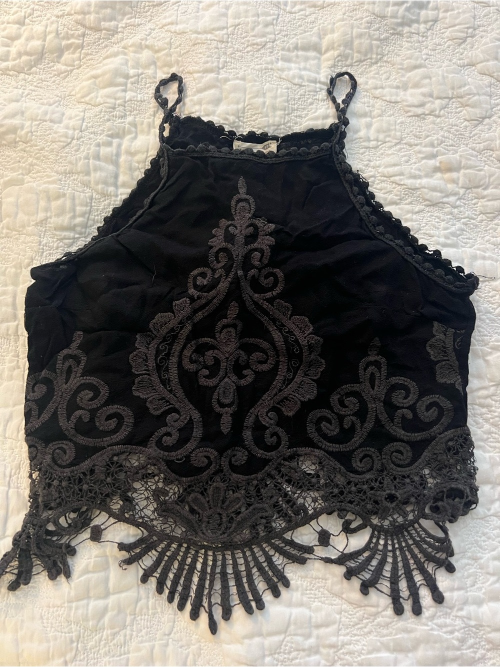 La Hearts Black Embroidered Crochet-Hem Halter Crop Top